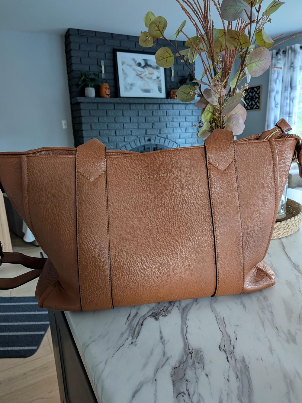 Poppy & Peonies Brown Faux Leather Tote Bag